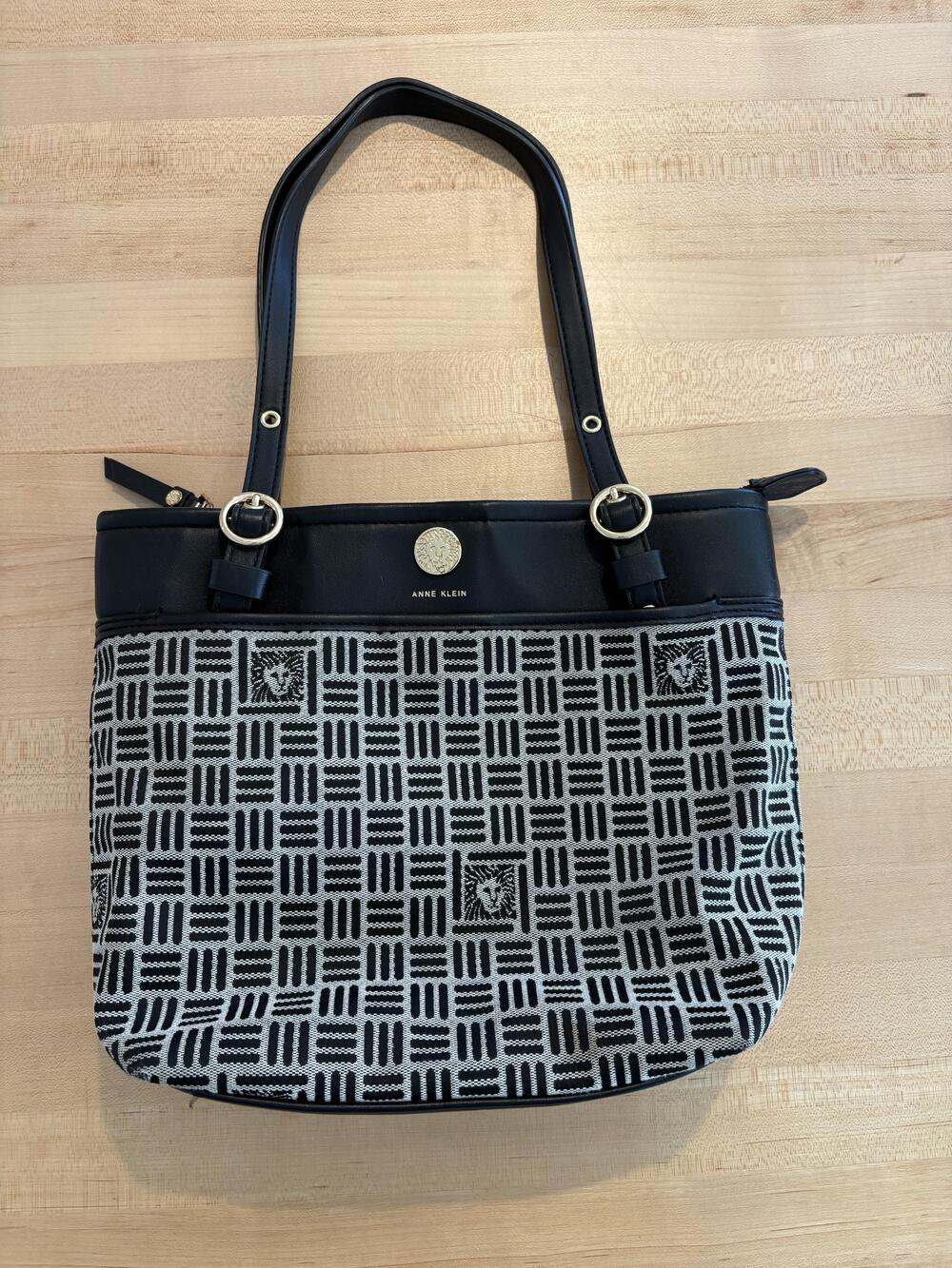 Anne Klein Tote Bag Womens Medium Black Jacquard Faux Leather Shoulder Purse